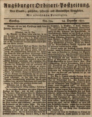 Augsburger Ordinari Postzeitung von Staats-, gelehrten, historisch- u. ökonomischen Neuigkeiten (Augsburger Postzeitung) Samstag 24. Dezember 1831