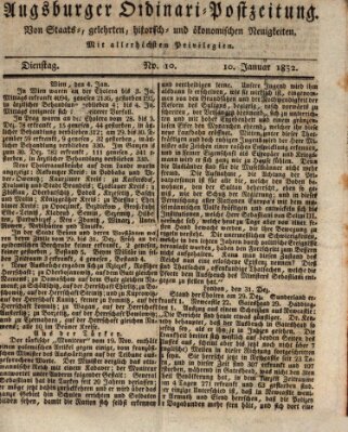 Augsburger Ordinari Postzeitung von Staats-, gelehrten, historisch- u. ökonomischen Neuigkeiten (Augsburger Postzeitung) Dienstag 10. Januar 1832