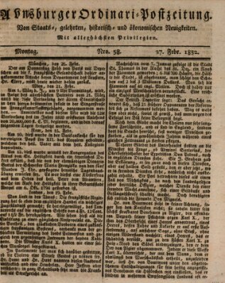 Augsburger Ordinari Postzeitung von Staats-, gelehrten, historisch- u. ökonomischen Neuigkeiten (Augsburger Postzeitung) Montag 27. Februar 1832