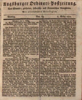 Augsburger Ordinari Postzeitung von Staats-, gelehrten, historisch- u. ökonomischen Neuigkeiten (Augsburger Postzeitung) Montag 5. März 1832