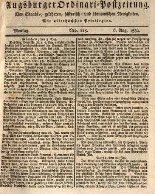 Augsburger Ordinari Postzeitung von Staats-, gelehrten, historisch- u. ökonomischen Neuigkeiten (Augsburger Postzeitung) Montag 6. August 1832