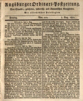 Augsburger Ordinari Postzeitung von Staats-, gelehrten, historisch- u. ökonomischen Neuigkeiten (Augsburger Postzeitung) Freitag 3. August 1832