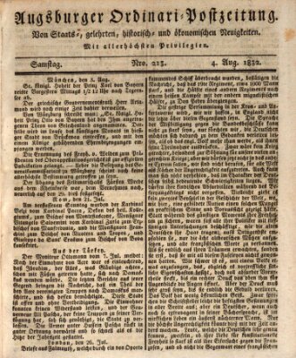 Augsburger Ordinari Postzeitung von Staats-, gelehrten, historisch- u. ökonomischen Neuigkeiten (Augsburger Postzeitung) Samstag 4. August 1832