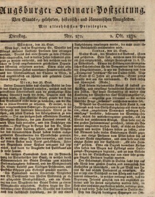 Augsburger Ordinari Postzeitung von Staats-, gelehrten, historisch- u. ökonomischen Neuigkeiten (Augsburger Postzeitung) Dienstag 2. Oktober 1832