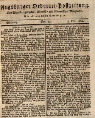 Augsburger Ordinari Postzeitung von Staats-, gelehrten, historisch- u. ökonomischen Neuigkeiten (Augsburger Postzeitung) Mittwoch 3. Oktober 1832