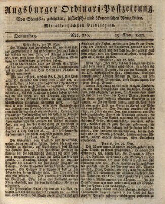 Augsburger Ordinari Postzeitung von Staats-, gelehrten, historisch- u. ökonomischen Neuigkeiten (Augsburger Postzeitung) Donnerstag 29. November 1832