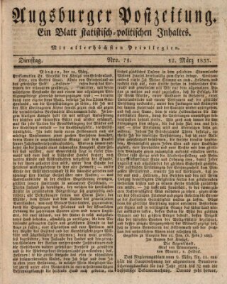 Augsburger Postzeitung Dienstag 12. März 1833