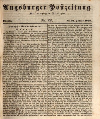 Augsburger Postzeitung Dienstag 22. Januar 1839