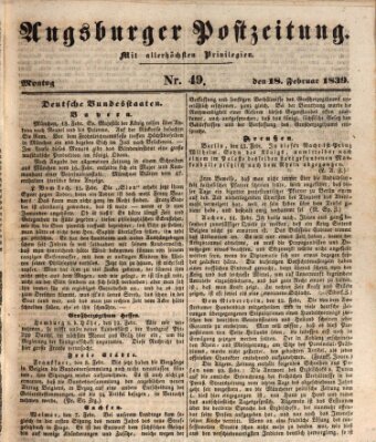 Augsburger Postzeitung Montag 18. Februar 1839