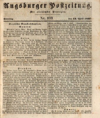 Augsburger Postzeitung Samstag 13. April 1839