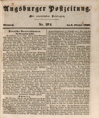 Augsburger Postzeitung Mittwoch 2. Oktober 1839