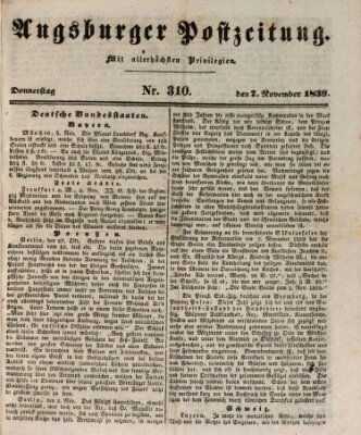 Augsburger Postzeitung Donnerstag 7. November 1839