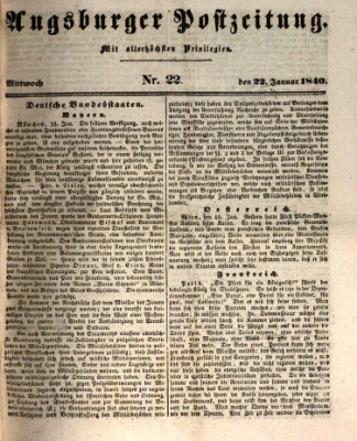 Augsburger Postzeitung Mittwoch 22. Januar 1840