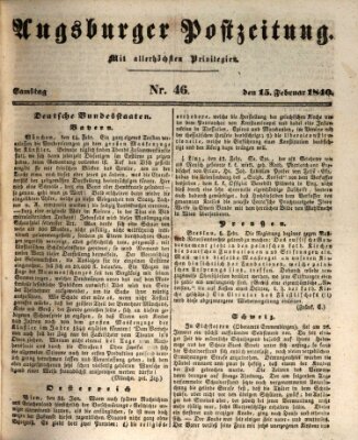 Augsburger Postzeitung Samstag 15. Februar 1840