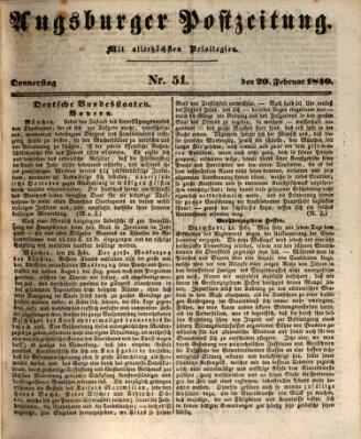 Augsburger Postzeitung Donnerstag 20. Februar 1840