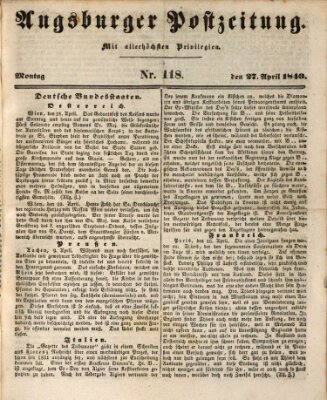 Augsburger Postzeitung Montag 27. April 1840