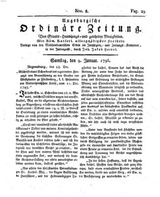 Augsburgische ordinäre Zeitung von Staats-Handlungs- und gelehrten Neuigkeiten (Augsburger Abendzeitung) Samstag 9. Januar 1796