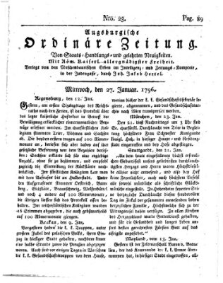 Augsburgische ordinäre Zeitung von Staats-Handlungs- und gelehrten Neuigkeiten (Augsburger Abendzeitung) Mittwoch 27. Januar 1796