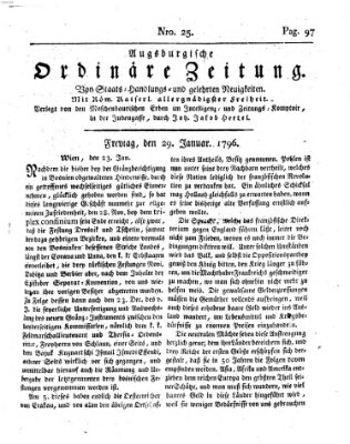 Augsburgische ordinäre Zeitung von Staats-Handlungs- und gelehrten Neuigkeiten (Augsburger Abendzeitung) Freitag 29. Januar 1796