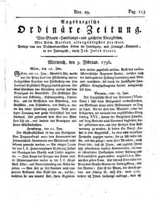 Augsburgische ordinäre Zeitung von Staats-Handlungs- und gelehrten Neuigkeiten (Augsburger Abendzeitung) Mittwoch 3. Februar 1796