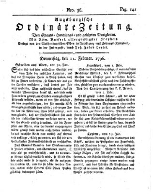 Augsburgische ordinäre Zeitung von Staats-Handlungs- und gelehrten Neuigkeiten (Augsburger Abendzeitung) Donnerstag 11. Februar 1796