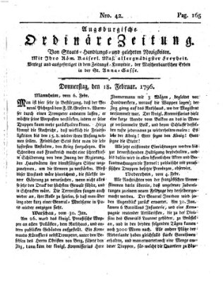 Augsburgische ordinäre Zeitung von Staats-Handlungs- und gelehrten Neuigkeiten (Augsburger Abendzeitung) Donnerstag 18. Februar 1796