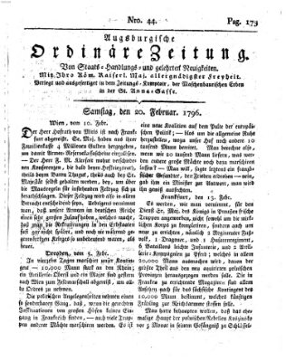 Augsburgische ordinäre Zeitung von Staats-Handlungs- und gelehrten Neuigkeiten (Augsburger Abendzeitung) Samstag 20. Februar 1796