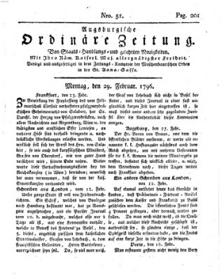 Augsburgische ordinäre Zeitung von Staats-Handlungs- und gelehrten Neuigkeiten (Augsburger Abendzeitung) Montag 29. Februar 1796