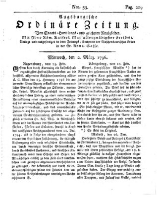 Augsburgische ordinäre Zeitung von Staats-Handlungs- und gelehrten Neuigkeiten (Augsburger Abendzeitung) Mittwoch 2. März 1796