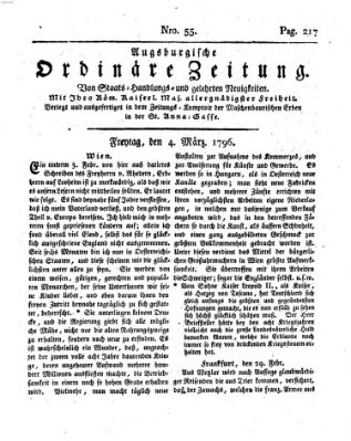 Augsburgische ordinäre Zeitung von Staats-Handlungs- und gelehrten Neuigkeiten (Augsburger Abendzeitung) Freitag 4. März 1796