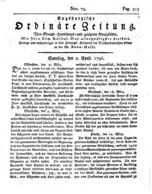 Augsburgische ordinäre Zeitung von Staats-Handlungs- und gelehrten Neuigkeiten (Augsburger Abendzeitung) Samstag 2. April 1796