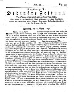 Augsburgische ordinäre Zeitung von Staats-Handlungs- und gelehrten Neuigkeiten (Augsburger Abendzeitung) Samstag 9. April 1796