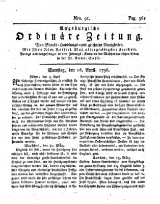 Augsburgische ordinäre Zeitung von Staats-Handlungs- und gelehrten Neuigkeiten (Augsburger Abendzeitung) Samstag 16. April 1796