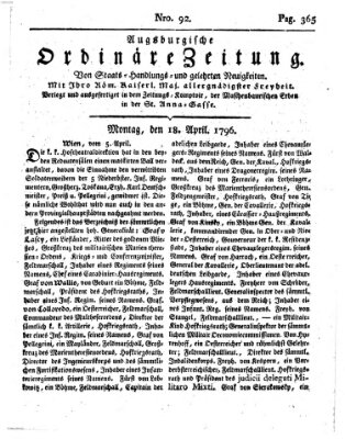 Augsburgische ordinäre Zeitung von Staats-Handlungs- und gelehrten Neuigkeiten (Augsburger Abendzeitung) Montag 18. April 1796