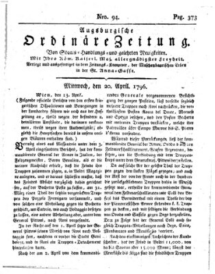 Augsburgische ordinäre Zeitung von Staats-Handlungs- und gelehrten Neuigkeiten (Augsburger Abendzeitung) Mittwoch 20. April 1796