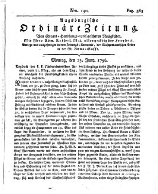 Augsburgische ordinäre Zeitung von Staats-Handlungs- und gelehrten Neuigkeiten (Augsburger Abendzeitung) Montag 13. Juni 1796