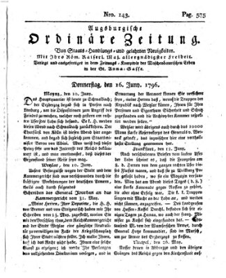 Augsburgische ordinäre Zeitung von Staats-Handlungs- und gelehrten Neuigkeiten (Augsburger Abendzeitung) Donnerstag 16. Juni 1796