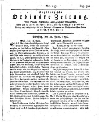 Augsburgische ordinäre Zeitung von Staats-Handlungs- und gelehrten Neuigkeiten (Augsburger Abendzeitung) Dienstag 21. Juni 1796