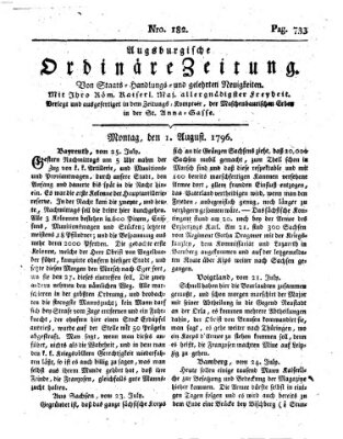 Augsburgische ordinäre Zeitung von Staats-Handlungs- und gelehrten Neuigkeiten (Augsburger Abendzeitung) Montag 1. August 1796