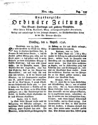 Augsburgische ordinäre Zeitung von Staats-Handlungs- und gelehrten Neuigkeiten (Augsburger Abendzeitung) Dienstag 2. August 1796