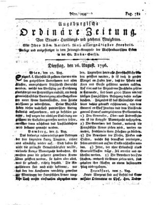 Augsburgische ordinäre Zeitung von Staats-Handlungs- und gelehrten Neuigkeiten (Augsburger Abendzeitung) Dienstag 16. August 1796