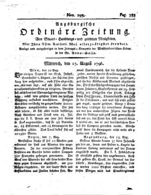 Augsburgische ordinäre Zeitung von Staats-Handlungs- und gelehrten Neuigkeiten (Augsburger Abendzeitung) Mittwoch 17. August 1796