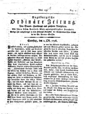 Augsburgische ordinäre Zeitung von Staats-Handlungs- und gelehrten Neuigkeiten (Augsburger Abendzeitung) Samstag 1. Oktober 1796