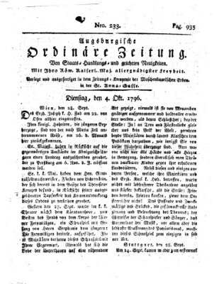 Augsburgische ordinäre Zeitung von Staats-Handlungs- und gelehrten Neuigkeiten (Augsburger Abendzeitung) Dienstag 4. Oktober 1796