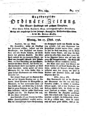 Augsburgische ordinäre Zeitung von Staats-Handlungs- und gelehrten Neuigkeiten (Augsburger Abendzeitung) Montag 17. Oktober 1796