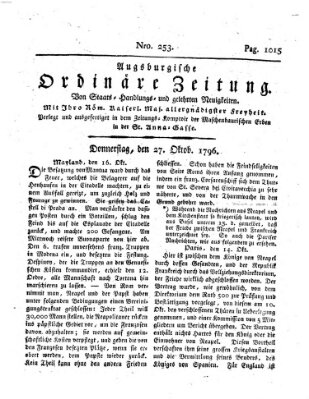 Augsburgische ordinäre Zeitung von Staats-Handlungs- und gelehrten Neuigkeiten (Augsburger Abendzeitung) Donnerstag 27. Oktober 1796