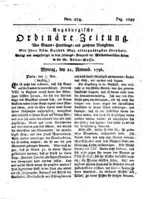 Augsburgische ordinäre Zeitung von Staats-Handlungs- und gelehrten Neuigkeiten (Augsburger Abendzeitung) Montag 21. November 1796