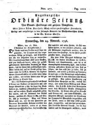 Augsburgische ordinäre Zeitung von Staats-Handlungs- und gelehrten Neuigkeiten (Augsburger Abendzeitung) Donnerstag 24. November 1796