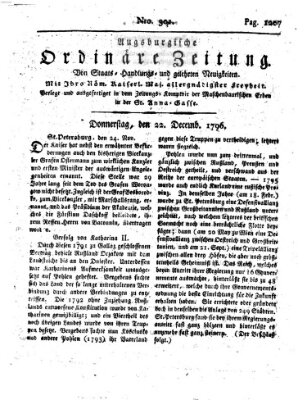 Augsburgische ordinäre Zeitung von Staats-Handlungs- und gelehrten Neuigkeiten (Augsburger Abendzeitung) Donnerstag 22. Dezember 1796