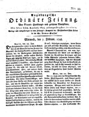 Augsburgische ordinäre Zeitung von Staats-Handlungs- und gelehrten Neuigkeiten (Augsburger Abendzeitung) Mittwoch 7. Februar 1798